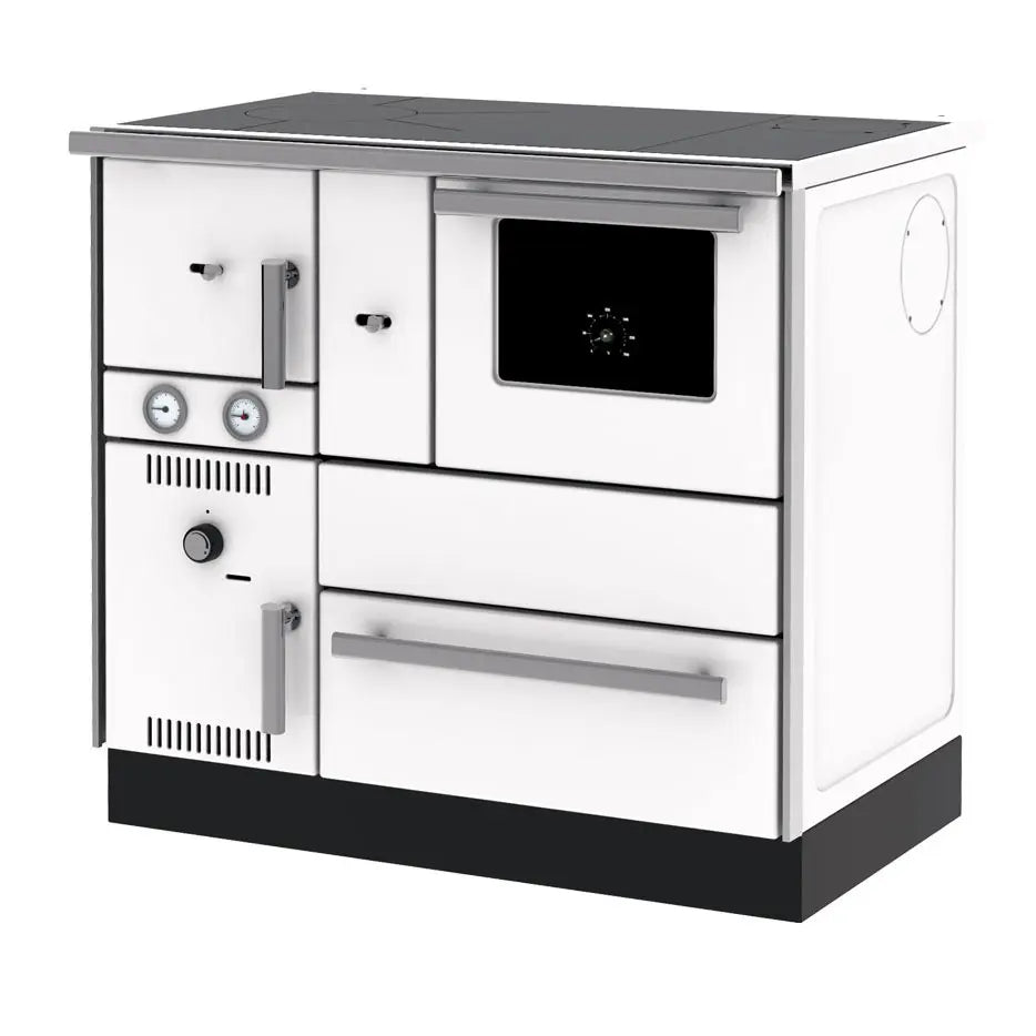 Witte Alfa Plam Alfa Term 27 houtkachel met oven, thermometer en bedieningsknoppen.