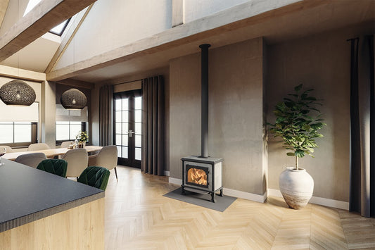 Altech Vision basis in moderne eetkamer met brandend vuur
