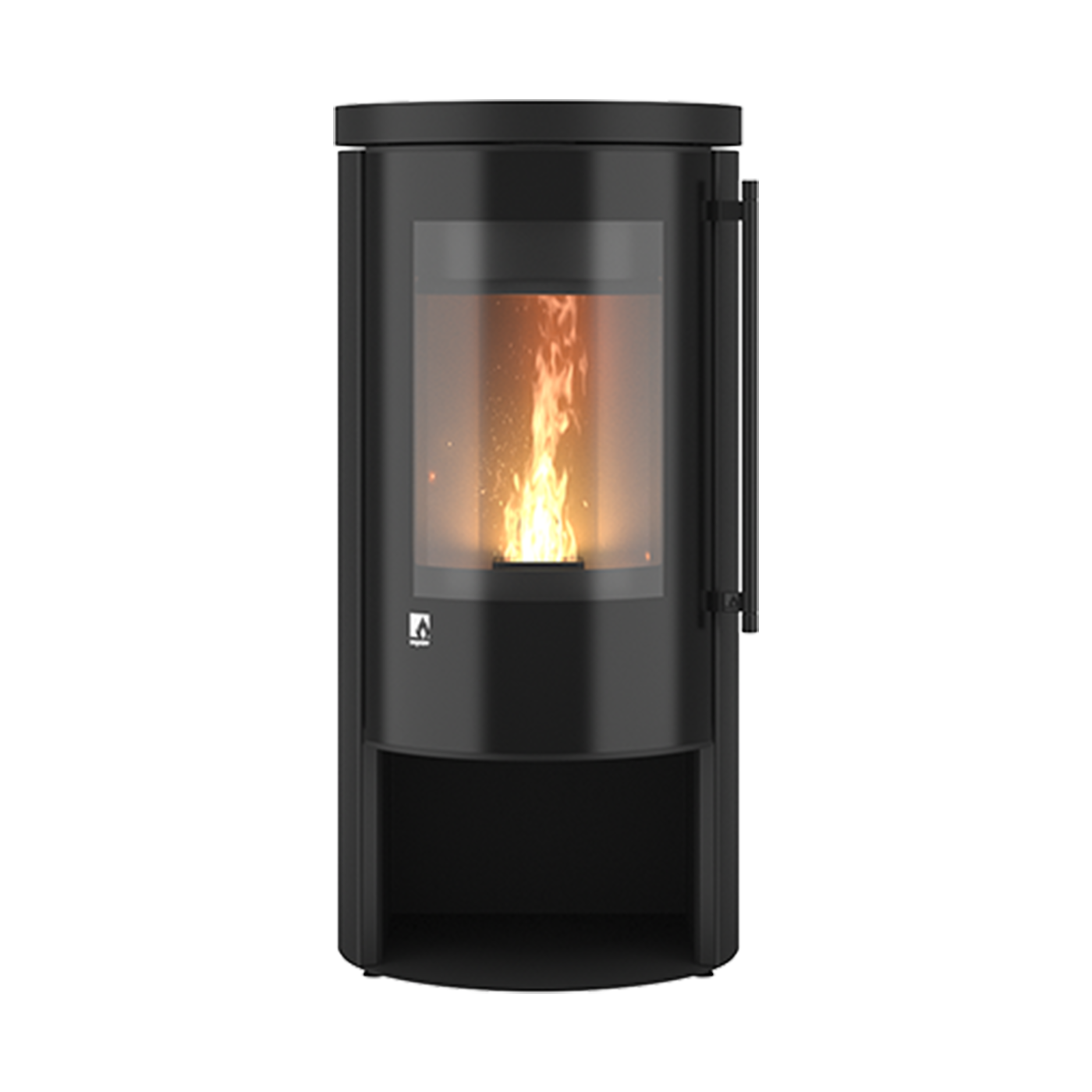 Drooff Aprica 2 Trend pelletkachel, zwart, met een brandend vuur zichtbaar door het glazen paneel.
