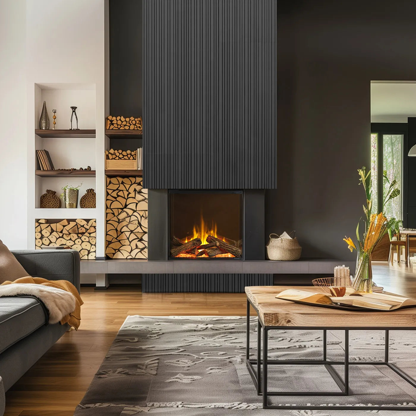 Gezellige woonkamer met Dimplex Aspire 30 haard, houten vloer en moderne inrichting.