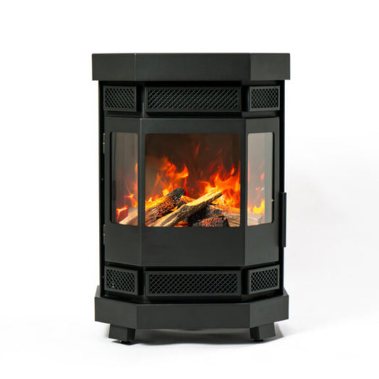 Duroflame Batavia E500 houtkachel met brandend vuur op witte achtergrond
