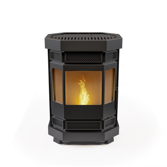Duroflame Batavia T4.2 pelletkachel met zichtbaar vuur, studio-opstelling