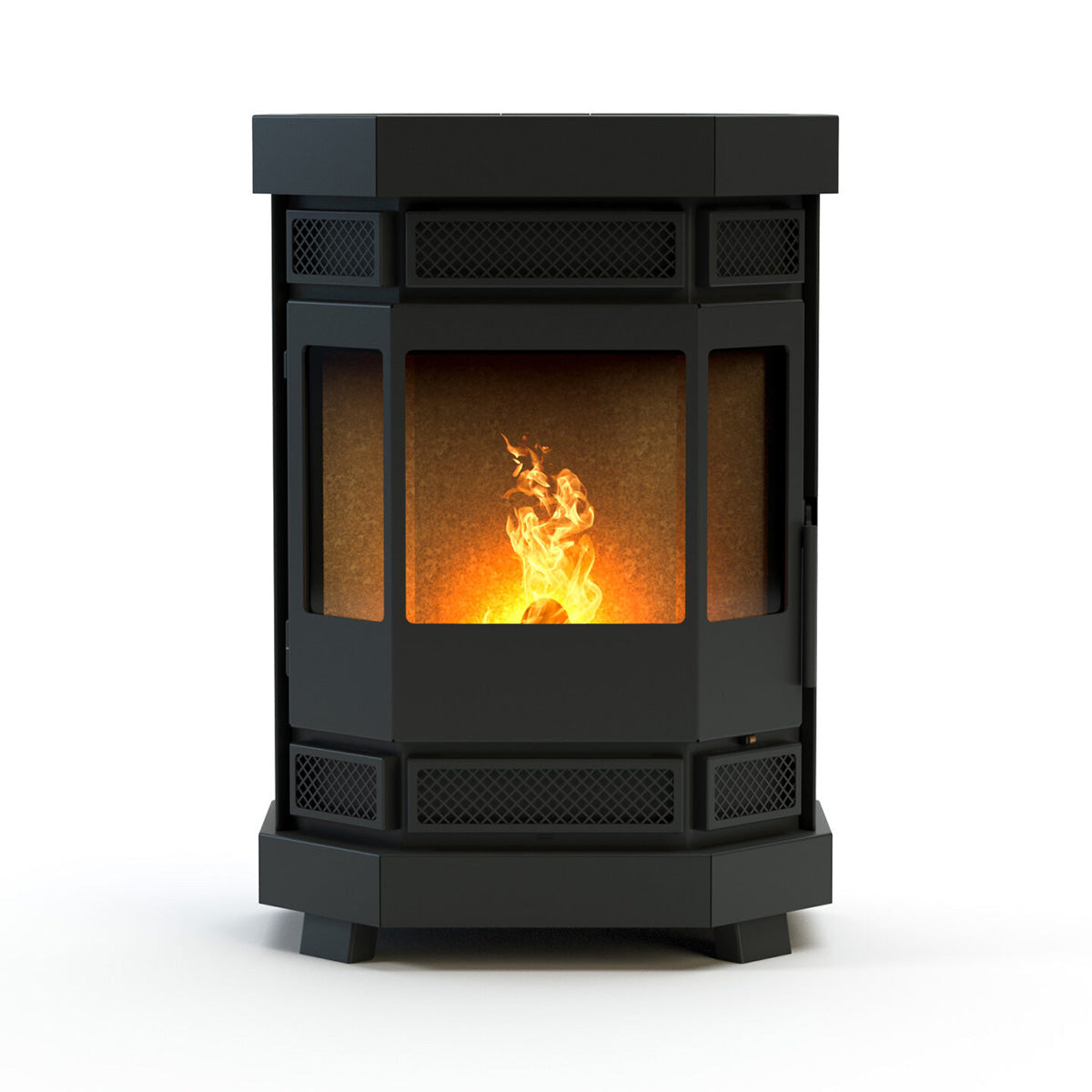 Duroflame Batavia T4 pelletkachel met brandend vuur zichtbaar door glazen panelen.