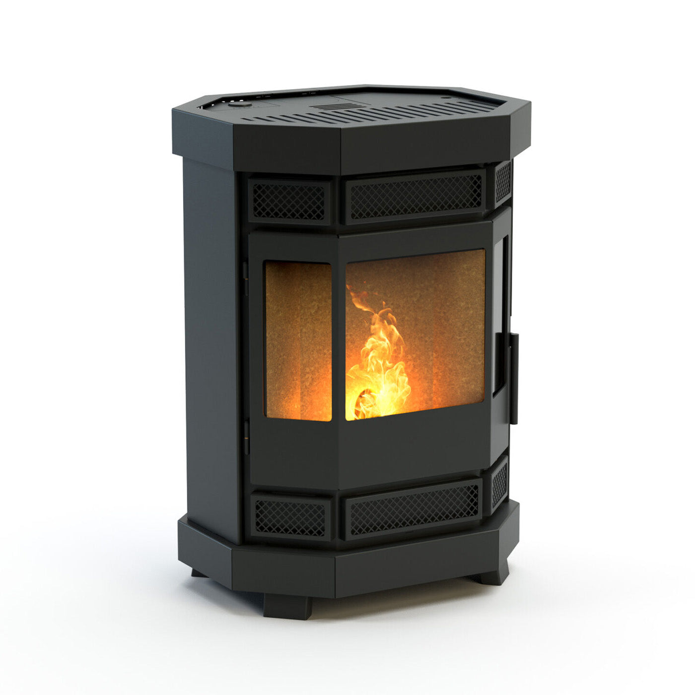 Duroflame Batavia T4 pelletkachel met brandend vuur zichtbaar door het glazen venster.