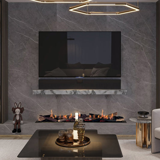 Element4 BIO 140I in moderne woonkamer met ingebouwde haard onder tv