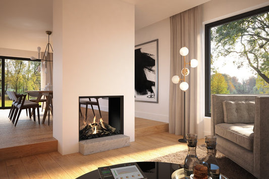 DRU Maestro 75 Tunnel Eco Wave in moderne woonkamer met open haard