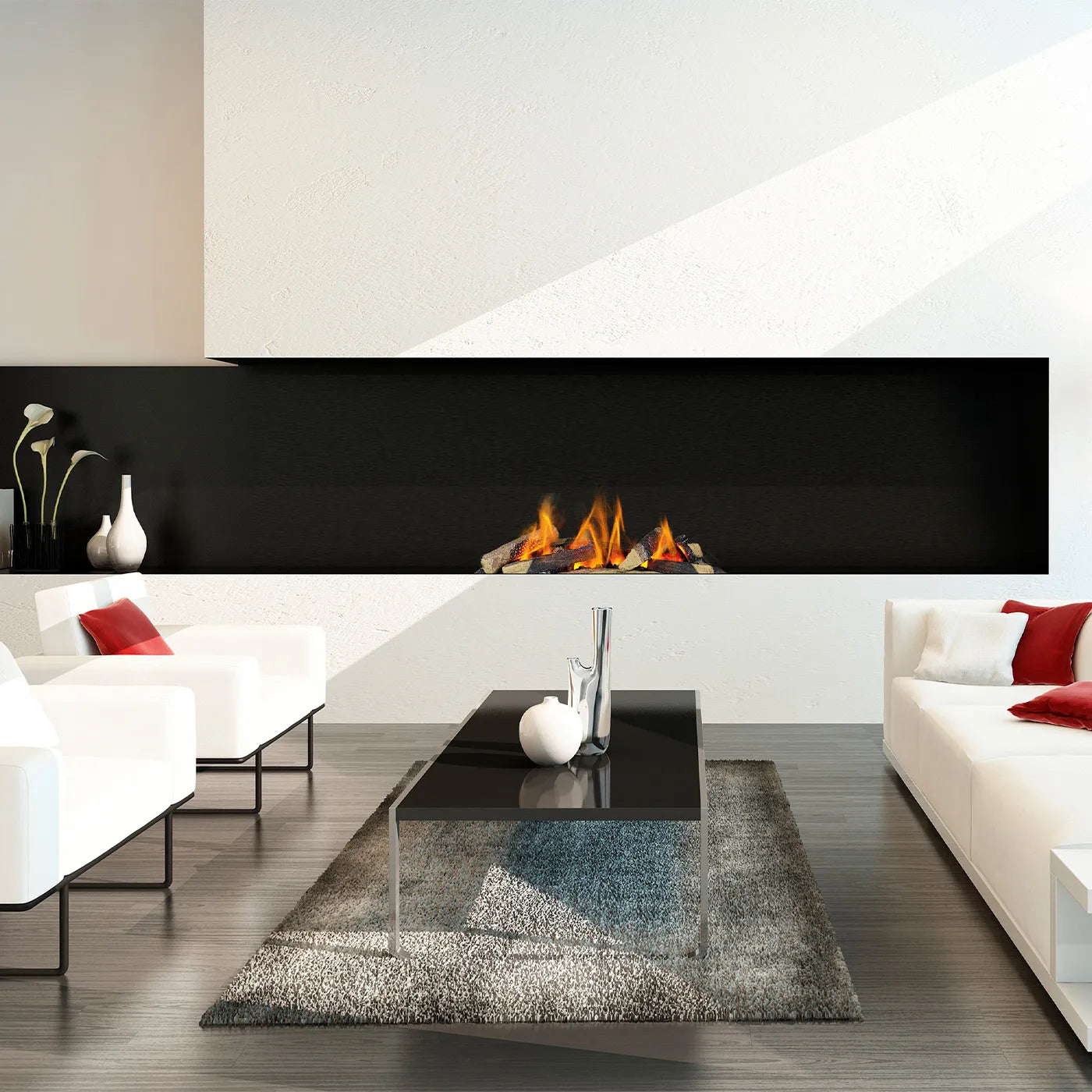 Dimplex Opti-myst Cassette 600 LED elektrische haard in moderne woonkamer met witte meubels.