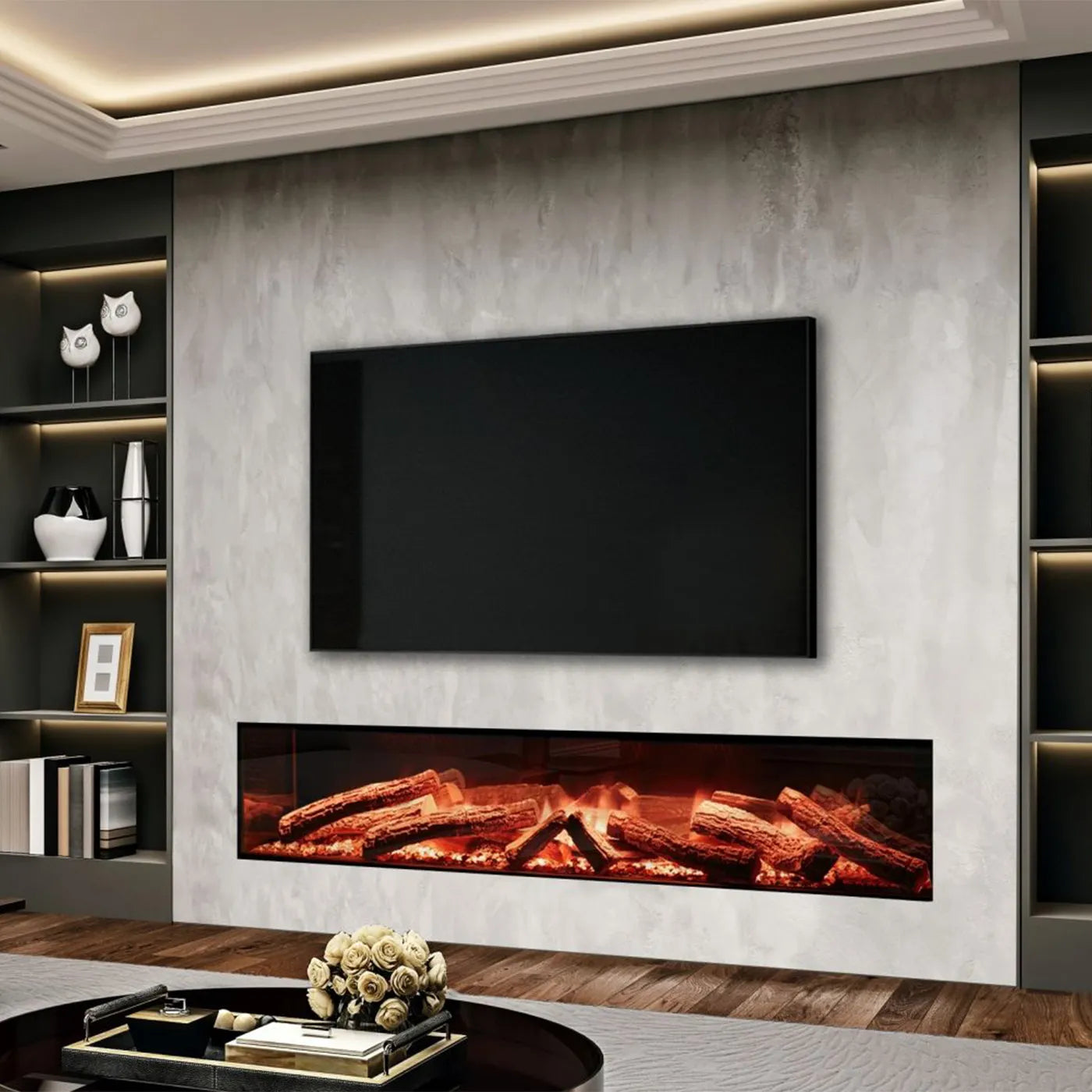 Woonkamer met Element4 Club 180 E elektrische haard onder een grote flatscreen-tv.