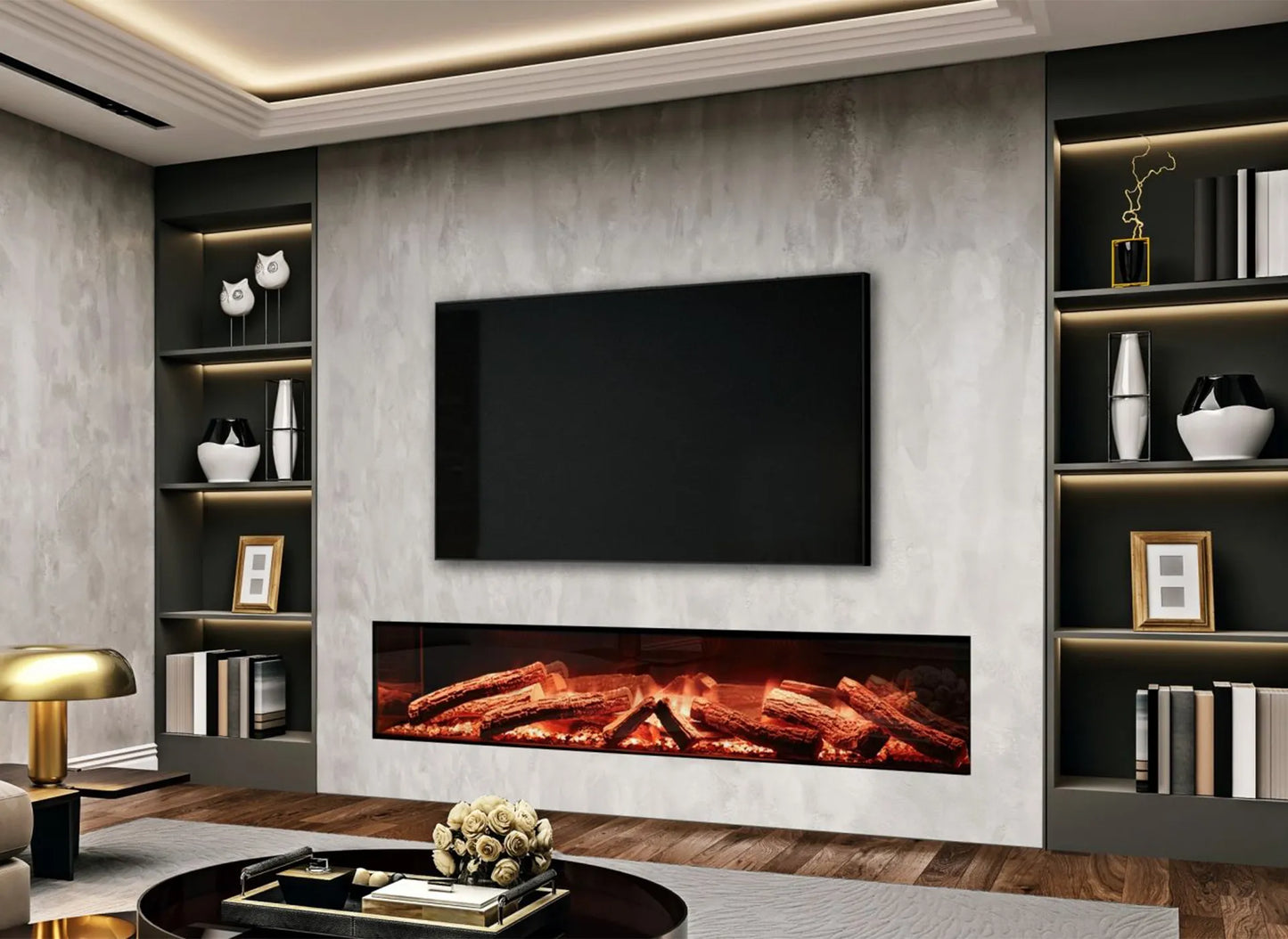 Moderne woonkamer met Element4 Club 180 E elektrische haard onder een grote flatscreen-tv.