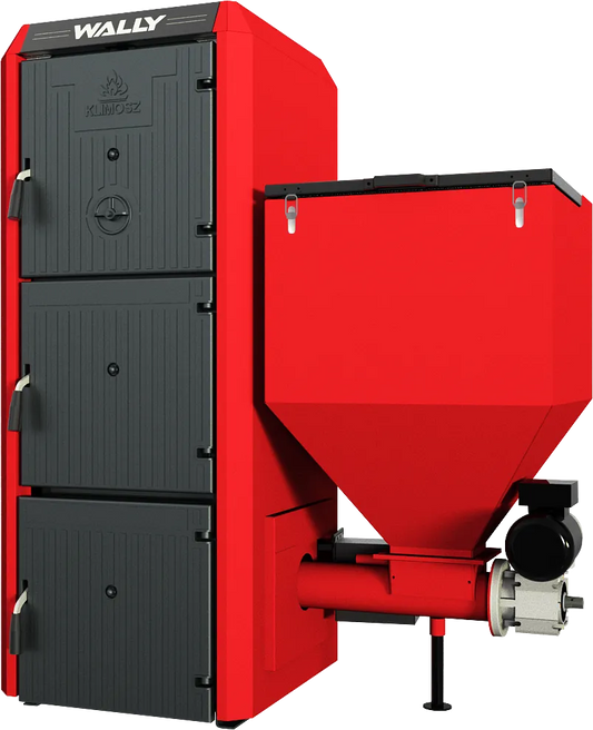 Klimosz Combi S3 rode ketel met zwarte deuren en trechterreservoir