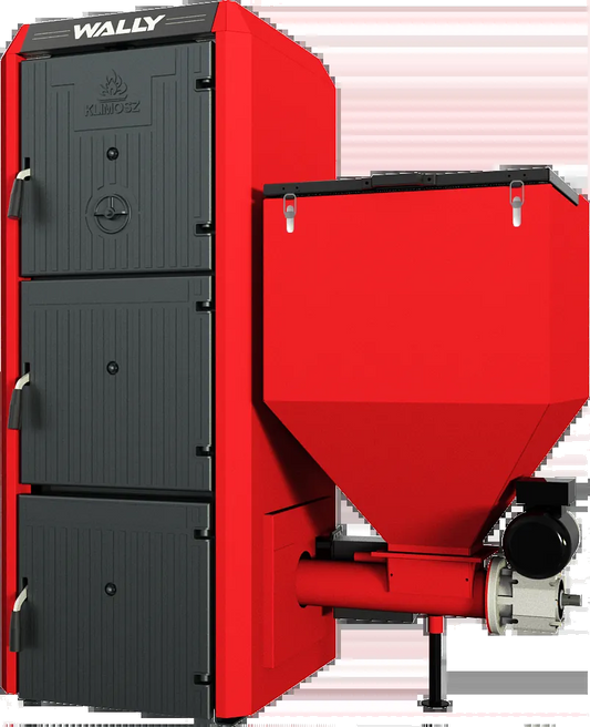 Klimosz Combi S3 rode ketel met zwarte deuren en trechterreservoir