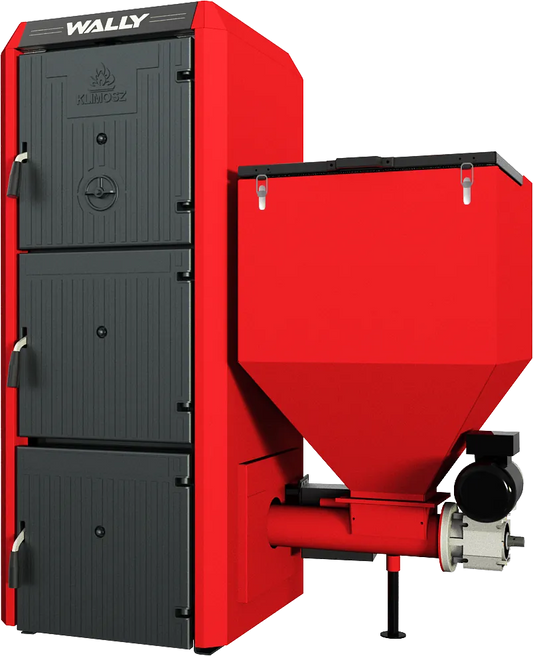 Klimosz Combi S3 rode ketel met zwarte deuren en trechterreservoir