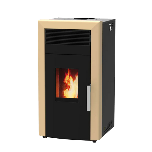 Alfa Plam Commo 12 pelletkachel beige en zwart met vlammenvenster