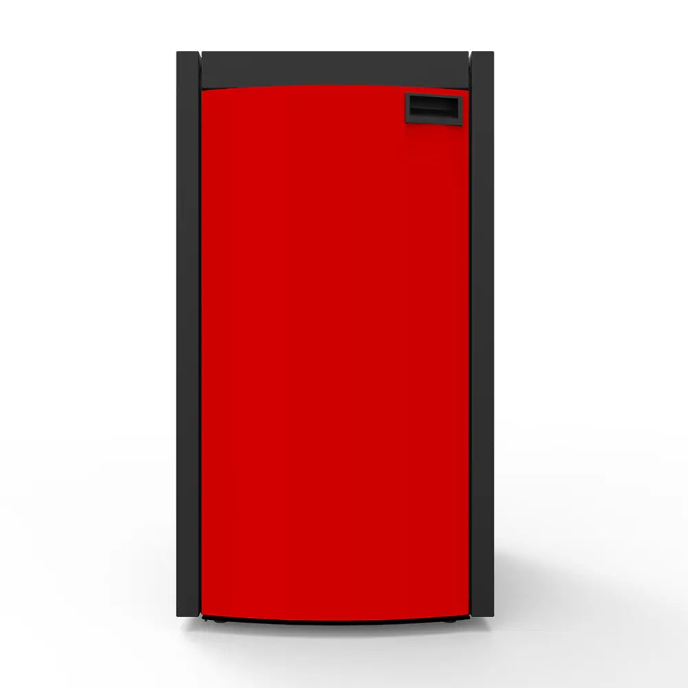 Rode en zwarte Alfa Plam Commo Compact 15 pelletkachel met een modern ontwerp.