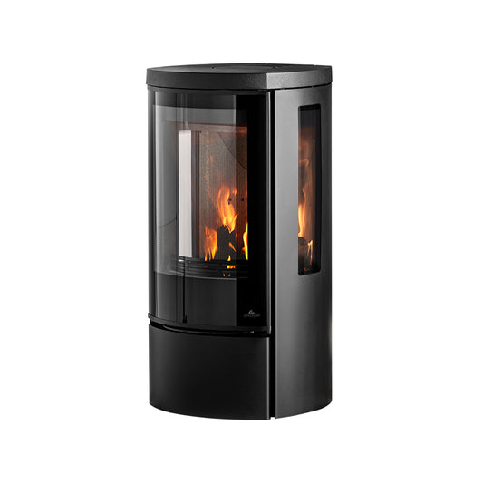 Jydepejsen Cozy Modern Low houtkachel met zijruiten en zicht op vlammen