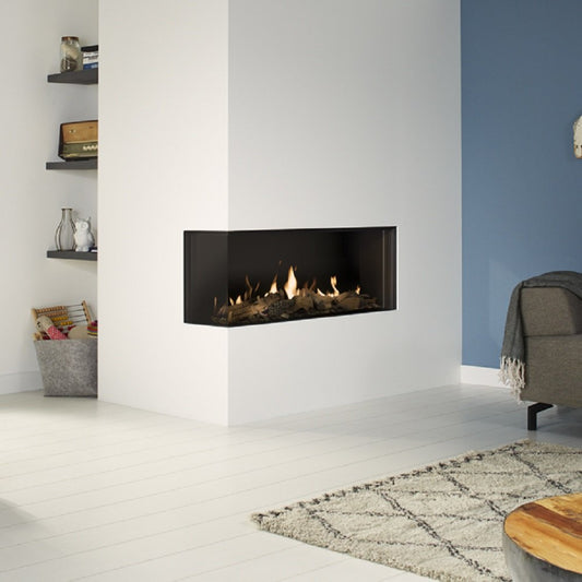 DRU Global 100 Corner BF ingebouwde haard in moderne woonkamer