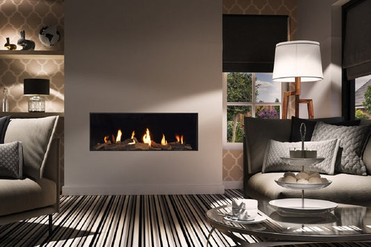 DRU Global 120 BF ingebouwde haard in moderne woonkamer