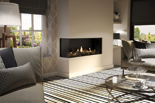 DRU Global 120 Corner BF ingebouwde haard in moderne woonkamer
