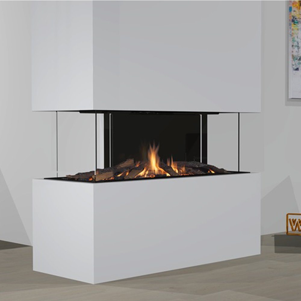 Wanders Danta 1100 vierzijdig, moderne haard met glazen wanden en brandend houtvuur.
