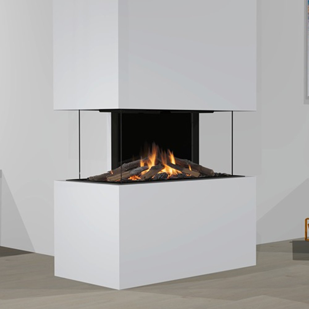 Wanders Danta 800 vierzijdig, moderne haard met glazen panelen en brandend houtvuur.
