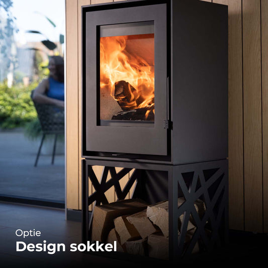 Trimline Fires Woody Orbit kachel op design sokkel met brandend vuur