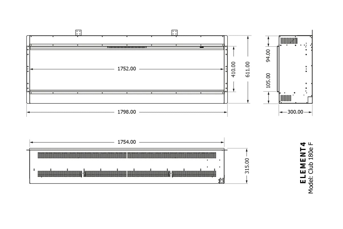 Technische tekening van de Element4 Club 180 E met gedetailleerde afmetingen en specificaties.