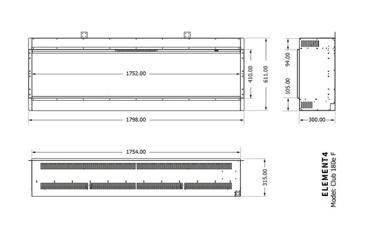 Technische tekening van de Element4 Club 180 E met gedetailleerde afmetingen en specificaties.