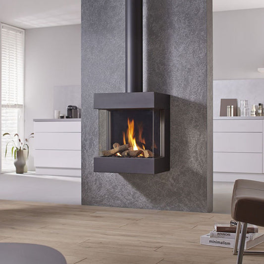 DRU Diablo Next gaskachel in moderne woonkamer met brandend vuur