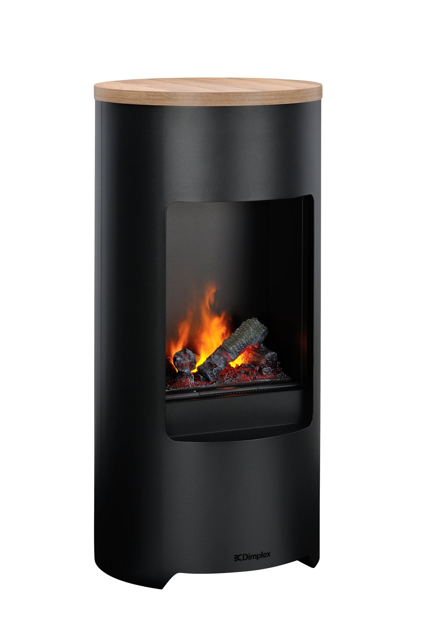 Zwarte, cilindervormige Dimplex Fyr 127 elektrische haard met houtkleurig bovenblad en realistisch vlameffect.