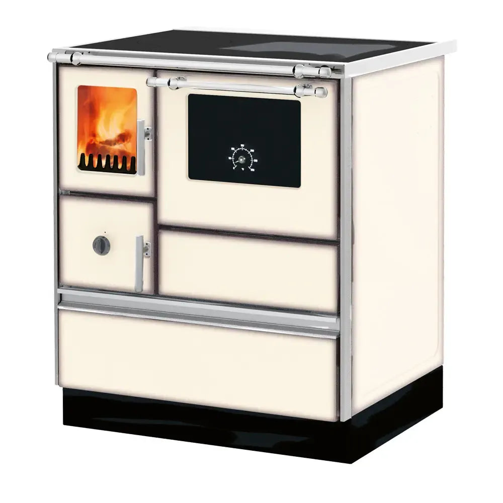 Crèmekleurige houtkachel Alfa Plam Dominant 70 met glazen deur en ingebouwde oven.