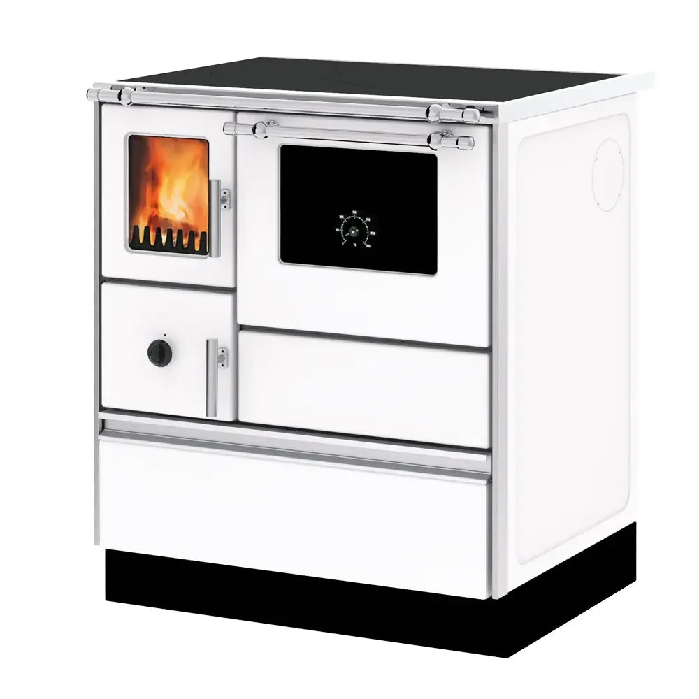 Witte houtkachel met oven en kookplaat, Alfa Plam Dominant 70.