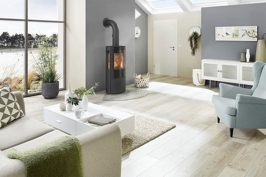 Olsberg Draco Glasdeur in een moderne woonkamer met brandend vuur