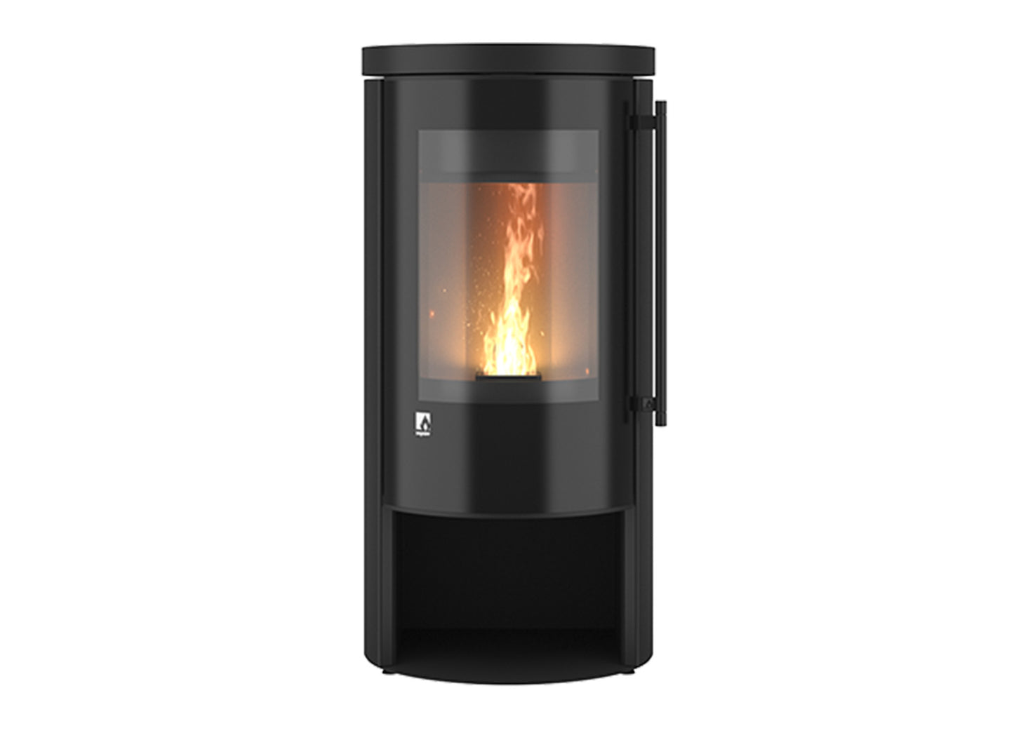 Zwarte Drooff Aprica 2 Trend pelletkachel met brandend vuur zichtbaar door het glazen venster.
