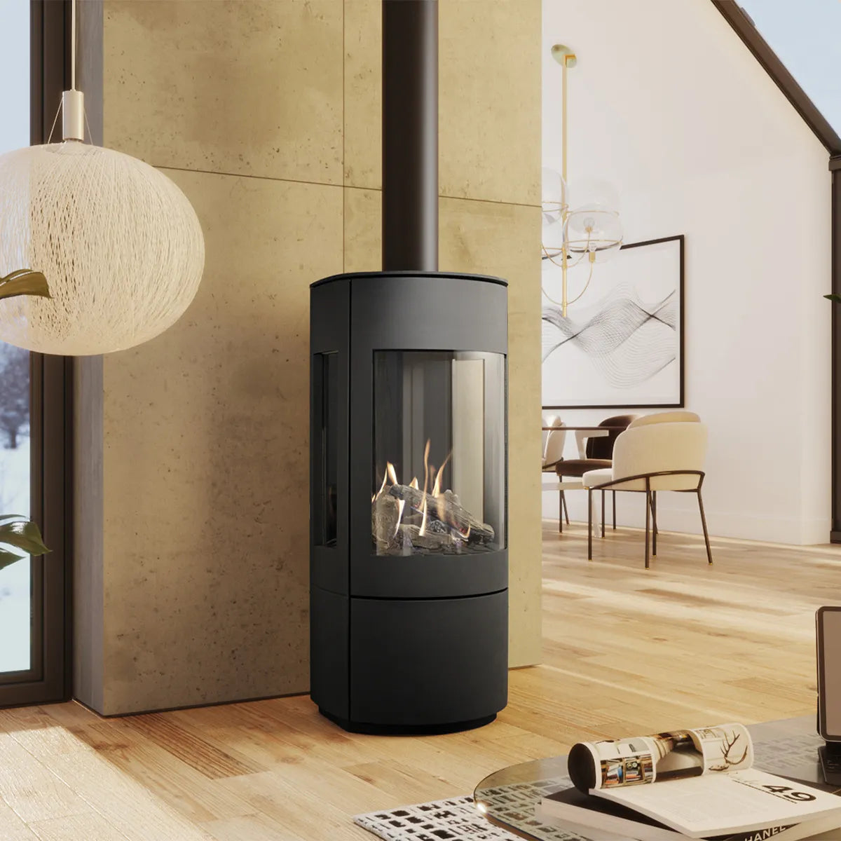 DRU Convexo vrijstaande haard in een moderne woonkamer met houten vloer en stijlvolle meubels.
