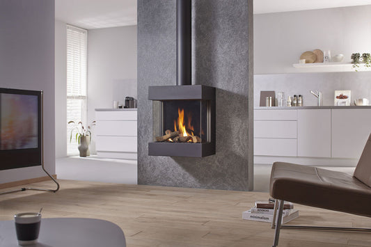 DRU Diablo Next gaskachel in moderne woonkamer met brandend vuur