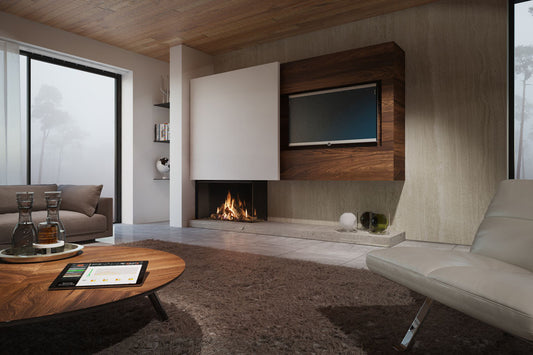 DRU Maestro 105/2 Eco Wave in moderne woonkamer met ingebouwde haard