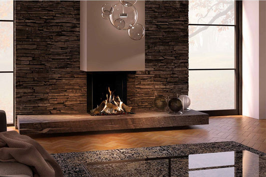 DRU Maestro 60/3 Eco Wave in moderne woonkamer met brandend gashaard
