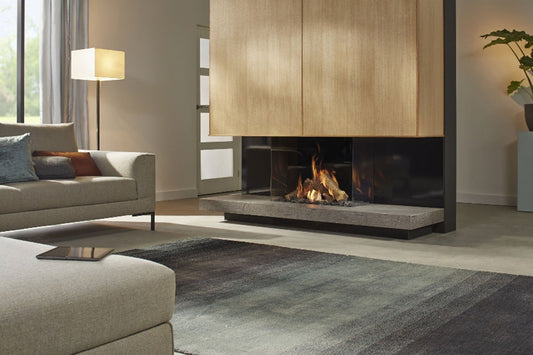 DRU Maestro 80/3 Eco Wave in moderne woonkamer met brandend haardvuur