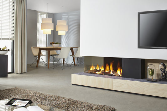 DRU Metro 100XTL Eco Wave in moderne woonkamer met ingebouwde haard en vlammen