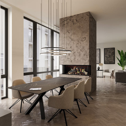DRU Virtuo 100/3 Evolve in moderne eetkamer met open haard