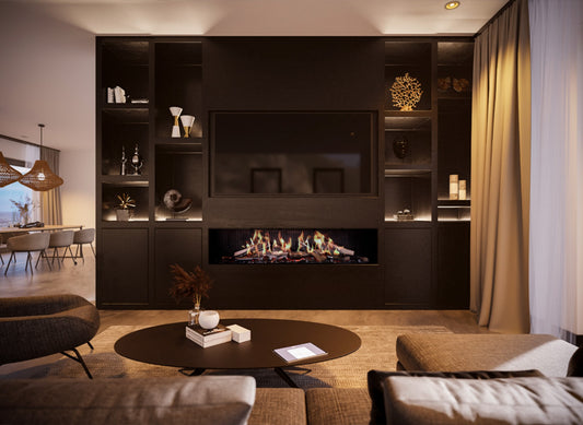 DRU Virtuo 180 Evolve in moderne woonkamer met ingebouwde haardwand