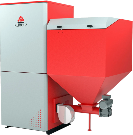 Klimosz Duo Industrial NG 150 pelletkachel met rode bunker, op witte achtergrond