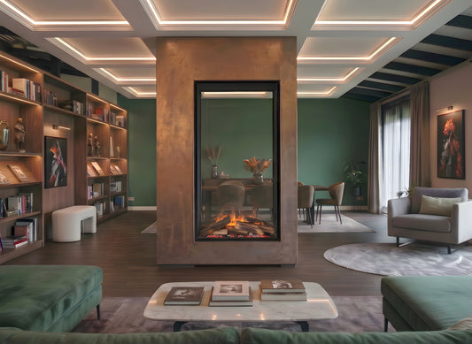 Dimplex e-matrix Vertical 800/1600 ST in moderne woonkamer met centrale haard