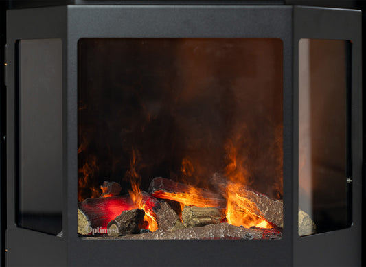 Duroflame Batavia E400 met vlammen en houtblokken achter glas