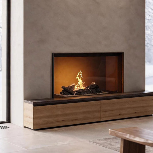 Element4 BIO 50I ingebouwd in een houten meubel, met brandende vlammen in een moderne woonkamer