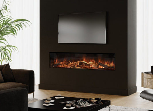 Element4 Elite 180 ingebouwd in moderne woonkamer met brandend haardvuur