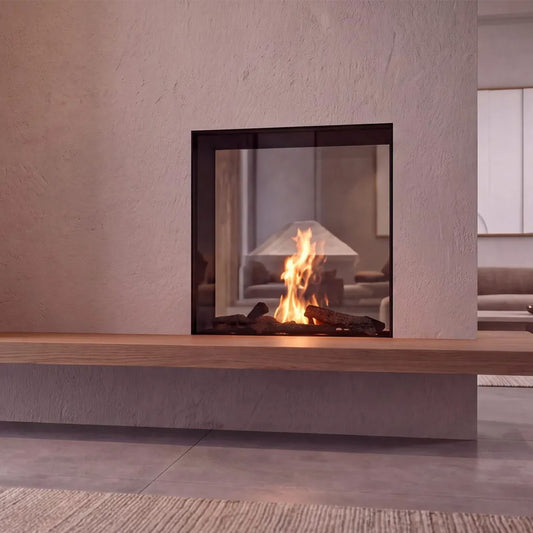 Element4 Sky Small Tunnel Bio brandt in een moderne woonkamer, ingebouwd in de wand.