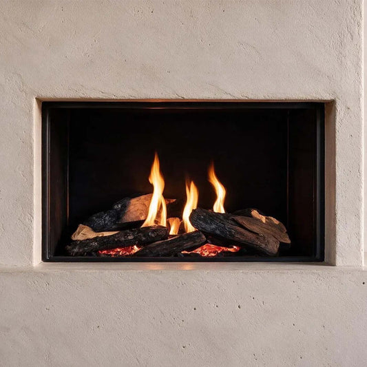 Element4 Summum 70 front Bio-haard met brandende houtblokken in een witte wand