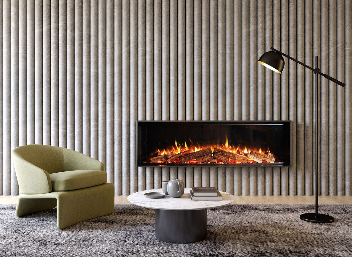 Element4 Elite 150 E Supreme haard in een moderne woonkamer met groene stoel en marmeren tafel.