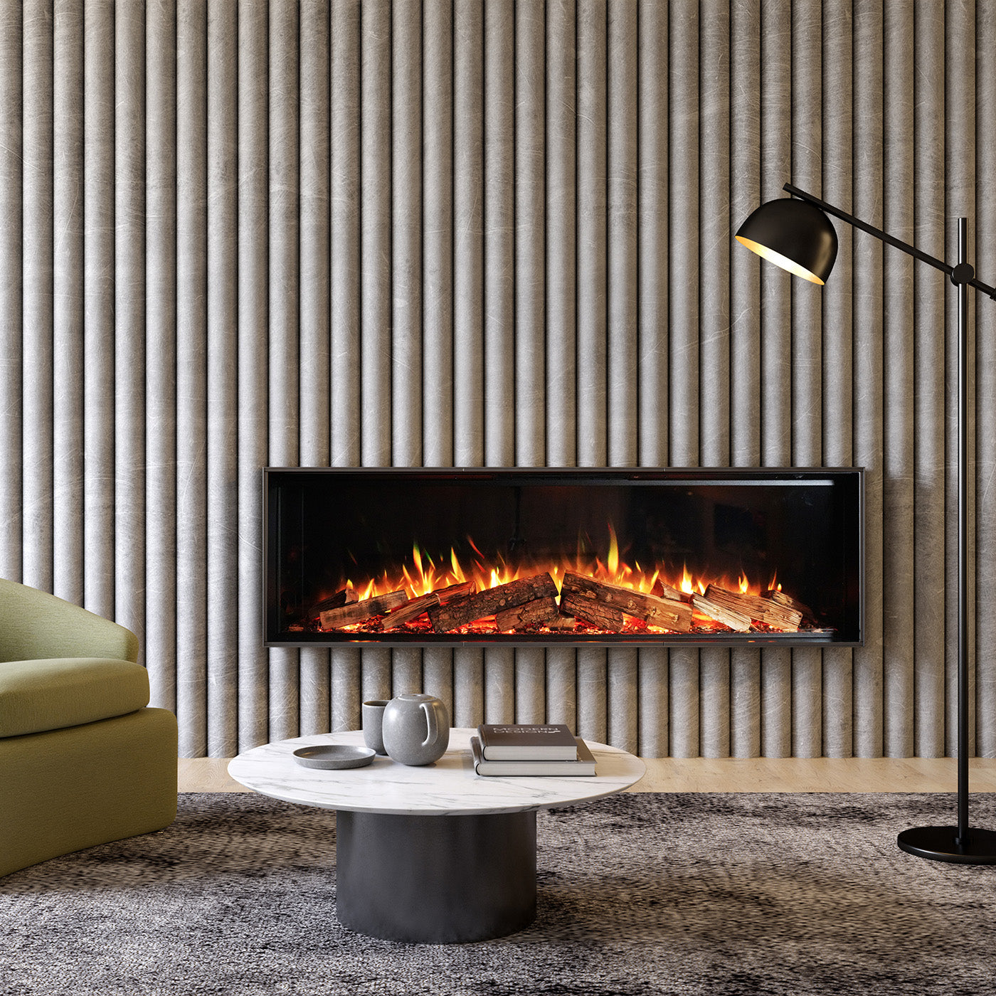 Element4 Elite 150 E Supreme, moderne haard in een stijlvolle woonkamer met een groene stoel.